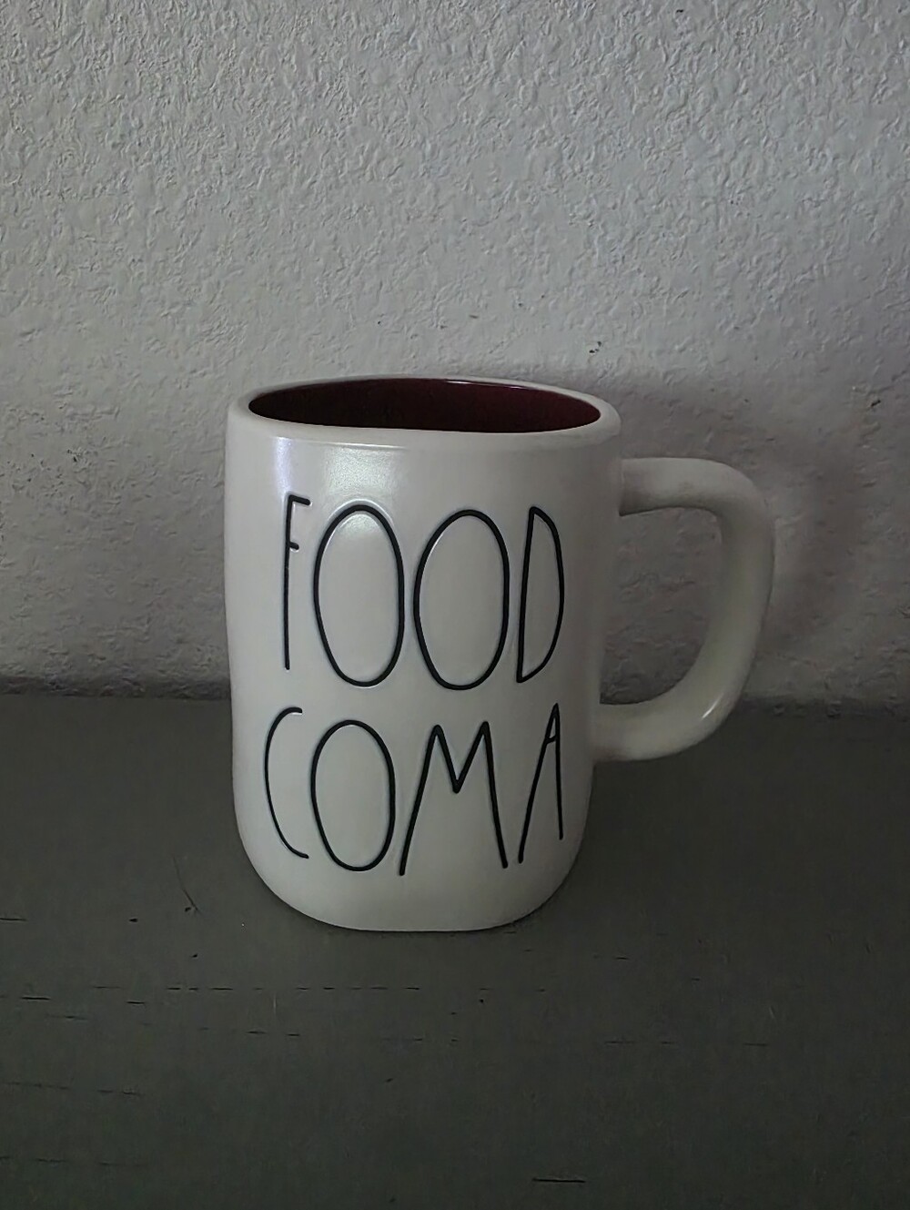 Rae Dunn "FOOD COMA" White Ceramic Mug | Burgundy Interior | EUC